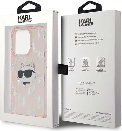 Mbështjellës Karl Lagerfeld IML Choupette Head & Monogram për iPhone 14 Pro Max, rozë