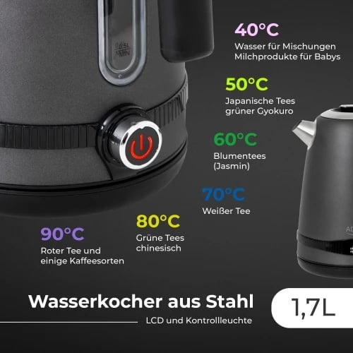 çajnik elektrik, Adler, AD1295, 1.7L, LCD me rregullim temperature 40–100°C, funksion keep warm 2 orë, inoks, gri