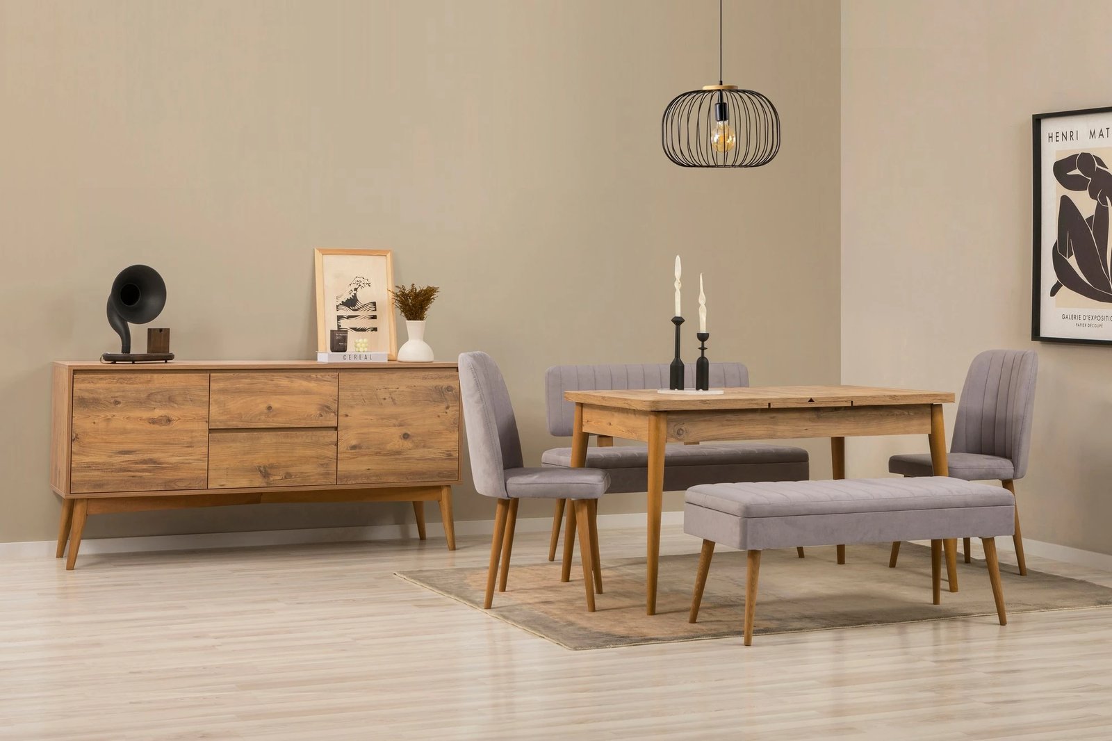 Set tavoline me karrige, konsolë dhe stol, ngjyrë Atlantic Pine, gri, 6 pjesë, Skye Decor, Vina Bench 04 0701