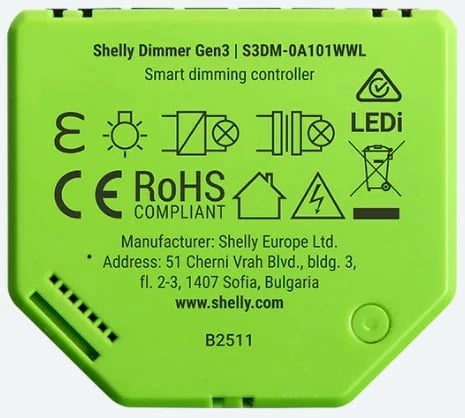 Dimmer Shelly Gen3 për ndriçim të integruar, i zi/lime
