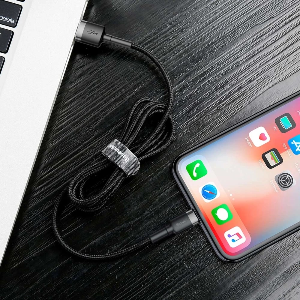 Kabllo Baseus Cafule CALKLF-BG1, USB-A në Lightning, 1m, 2.4A, QC 3.0, e zezë-gri