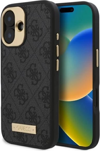 Mbështjellës Guess 4G Logo Plate MagSafe për iPhone 16, Zi