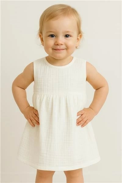 Fustan bebe pa mëngë, New Baby Elizabeth, muslin pambuk 100%, madhësi 68 (4-6m), i bardhë