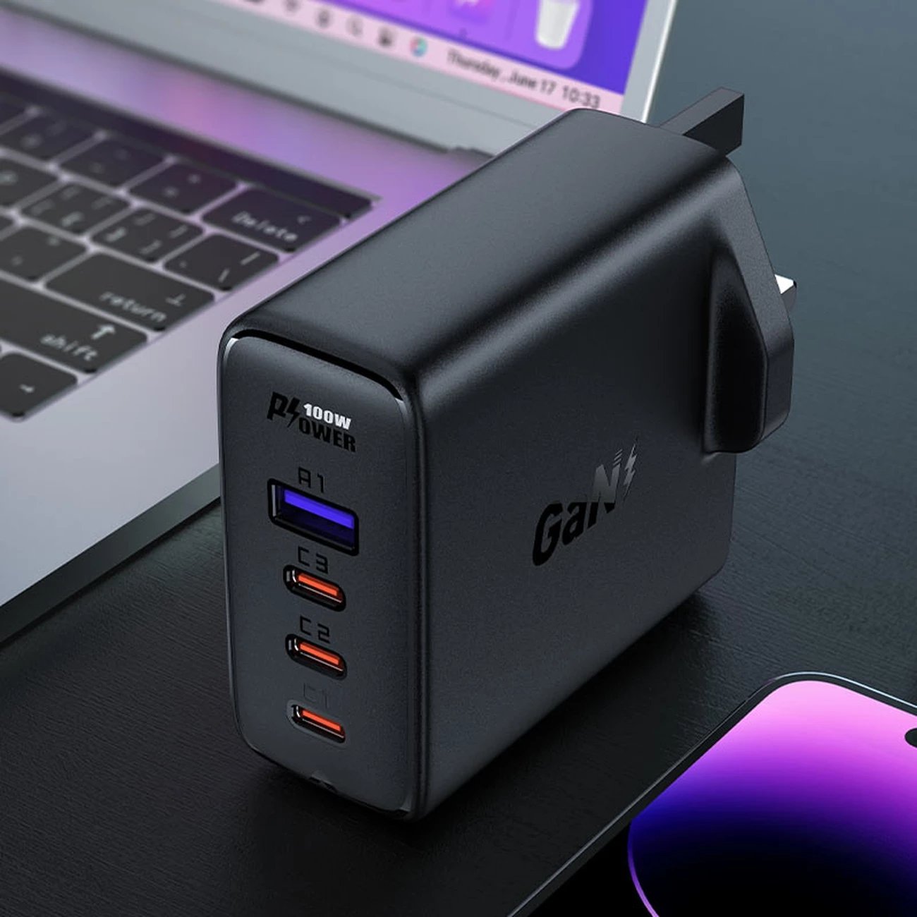 Karikues i shpejtë muri Acefast A40, 100W, 3x USB-C, 1x USB-A, GaN, me kabllo USB-C, UK plug, zi