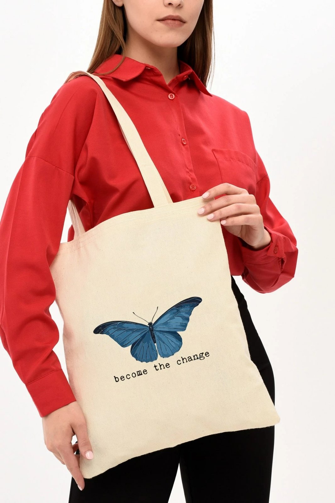 Torbë Tote Zoozie Bags, ngjyrë krem, 35x40cm, flutur blu
