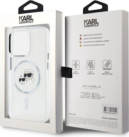 Mbështjellës Karl Lagerfeld IML Metal Karl&Choupette Head MagSafe për iPhone 15 Pro, Bardhë