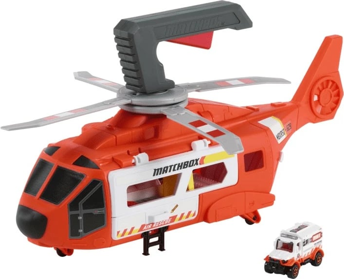 Helikopter lodër Matchbox Mattel HXM74 me ambulancë, portokalli/gri/bardhë, set