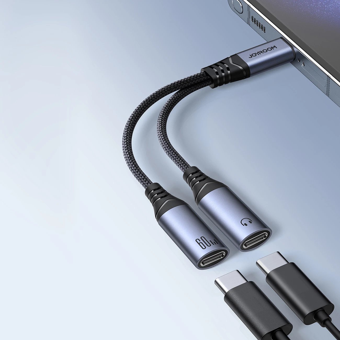 Adapter USB-C në 2x USB-C Joyroom SY-C03, DAC, 60W, i zi Adapter USB-C në 2x USB-C Joyroom SY-C03, DAC, 60W, i zi