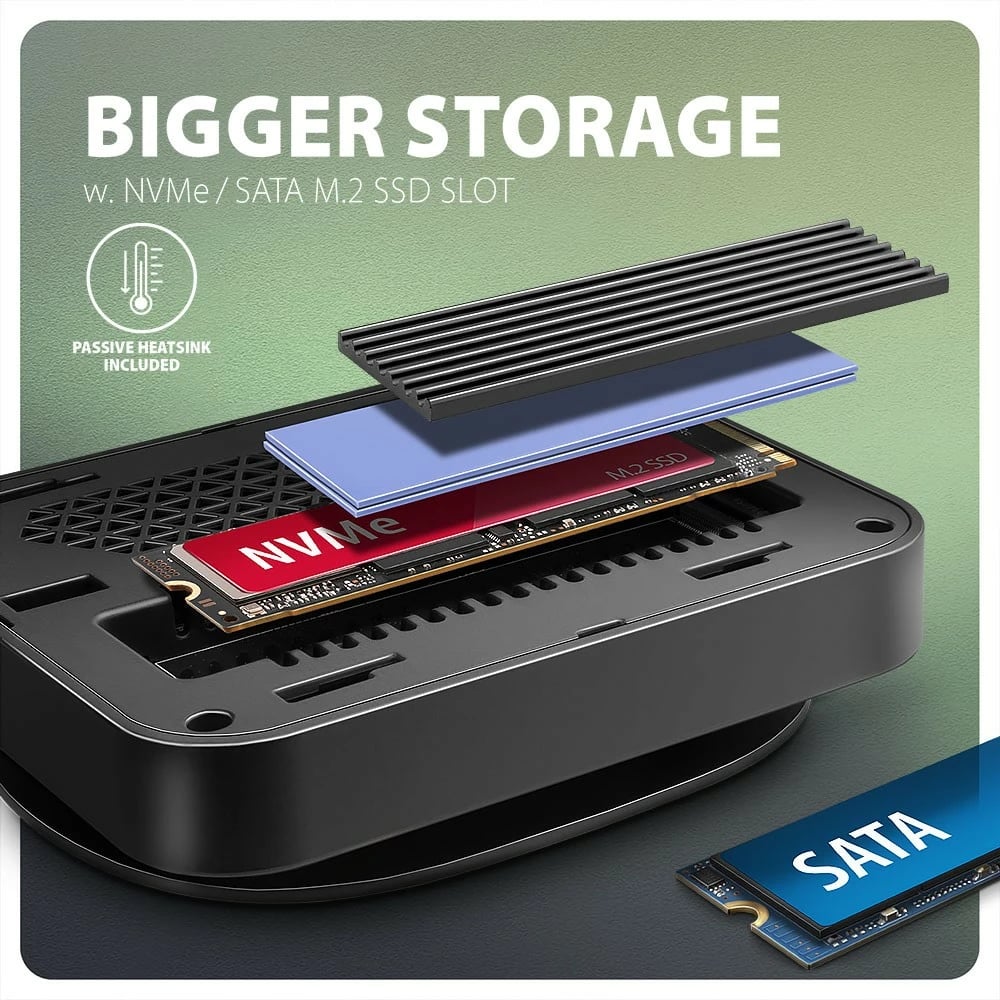 Hub multiport AXAGON HMC-UFO, 9-në-1, 10Gbps, 2x USB-A, HDMI 4K/60Hz, M.2 NVMe/SATA, audio, PD 100W, SD/microSD, GLAN, kabllo USB-C 65cm, zi/argjendtë