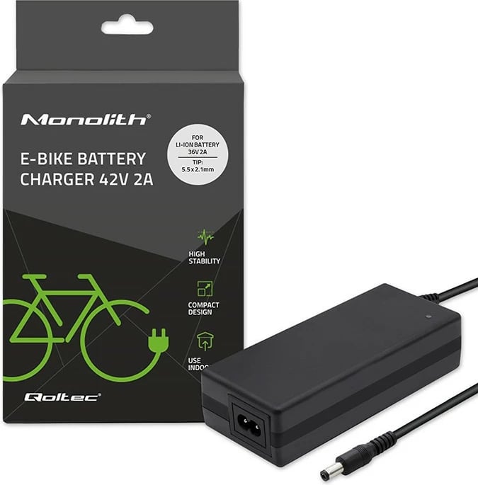 Karikues biçiklete elektrike Qoltec 50760, 42V, 2A, prizë 5.5x2.1mm, e zezë