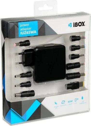 Kasë furnizues energjie universal për laptop iBOX IUZ65WA, 65W, 10 plugje, e zezë Kasë furnizues energjie universal për laptop iBOX IUZ65WA, 65W, 10 plugje, e zezë