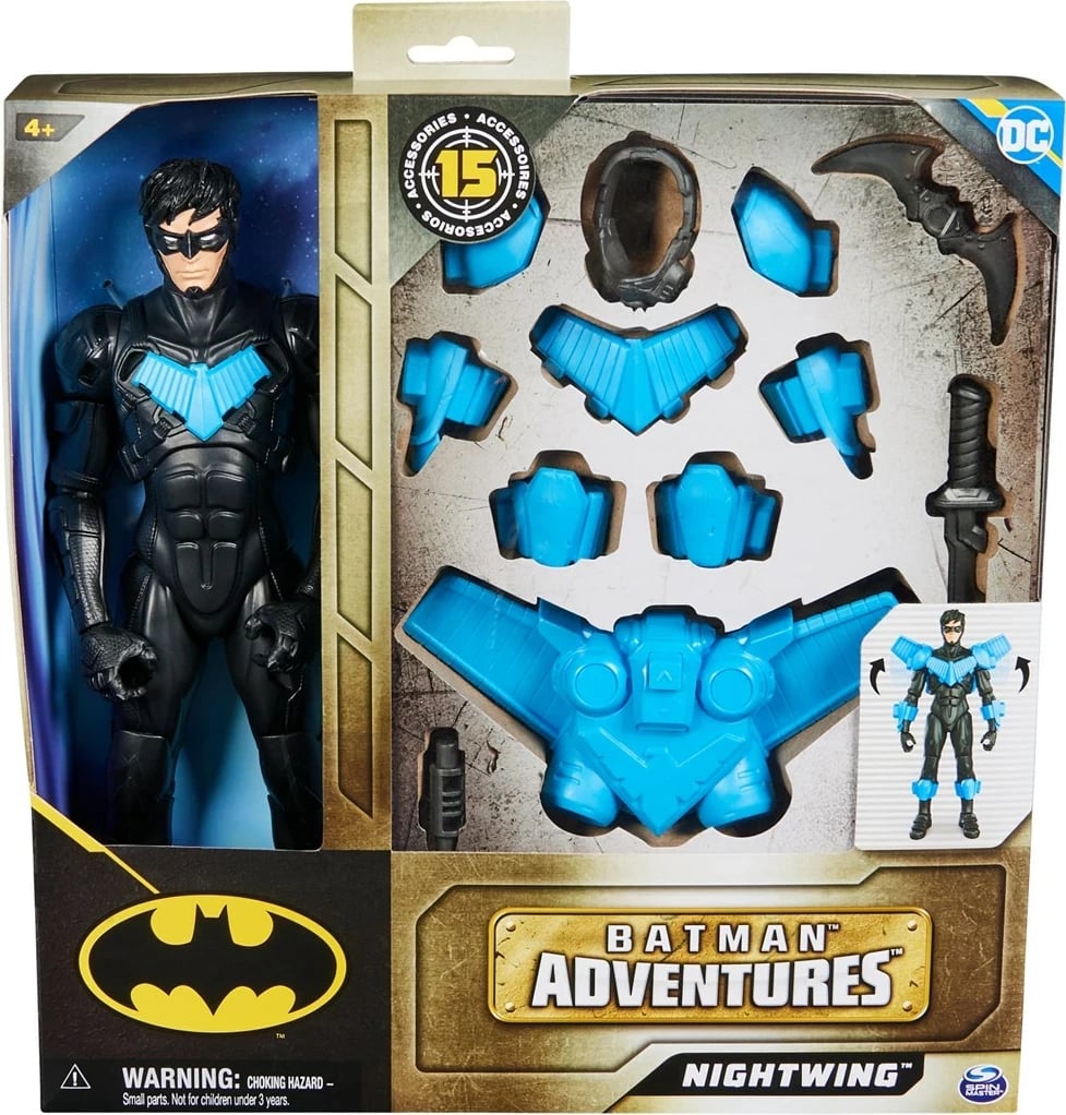 Figurë lodër aksioni Spin Master DC Comics Batman Adventures Nightwing, 30 cm, 15 aksesorë, 17 pika artikulimi, Blu