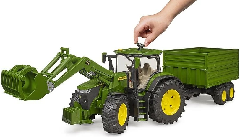 Traktor lodër BRUDER John Deere 7R 350 me ngarkues dhe rimorkio, jeshil