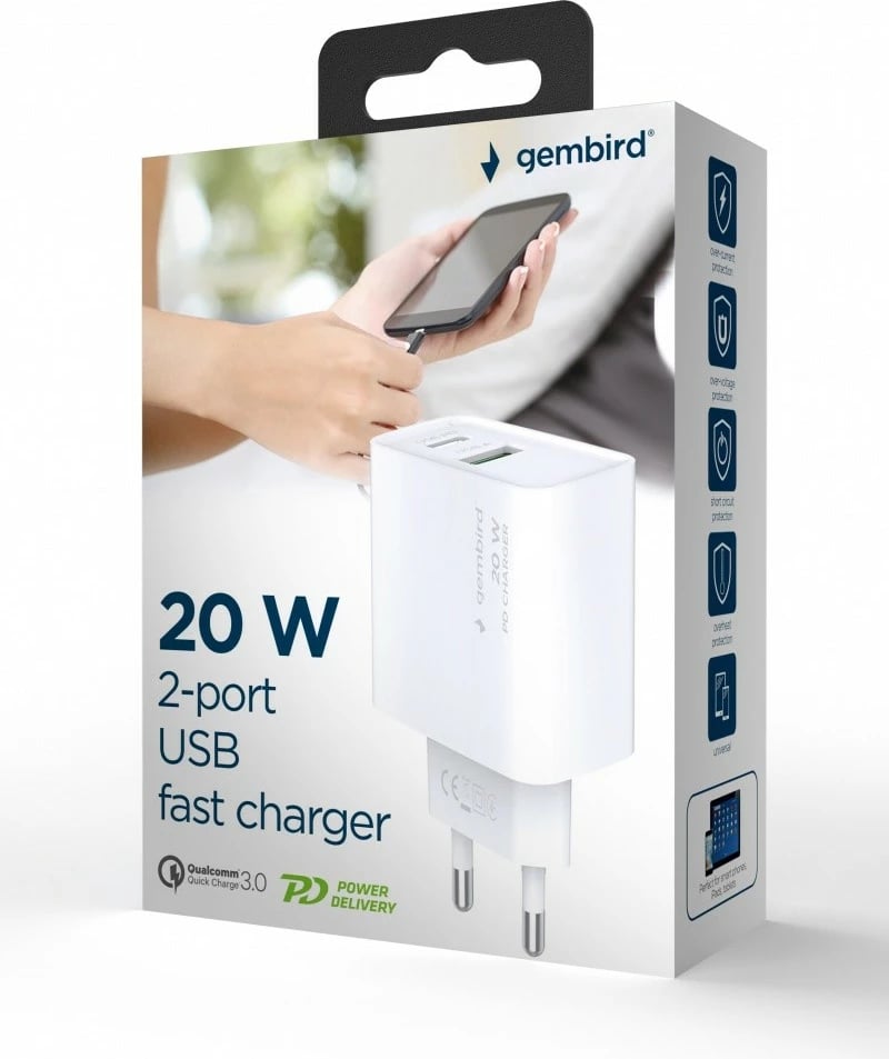Karikues muri Gembird TA-UC-PDQC20-01-W, 20W, 2 porta USB, Bardhë