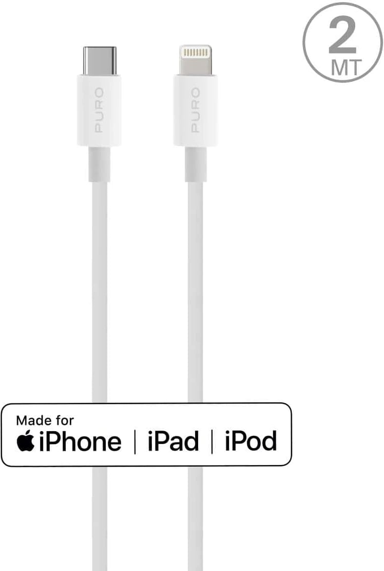Kabllo Puro Plain USB-C në Lightning, 2m, 2.4A, e bardhë