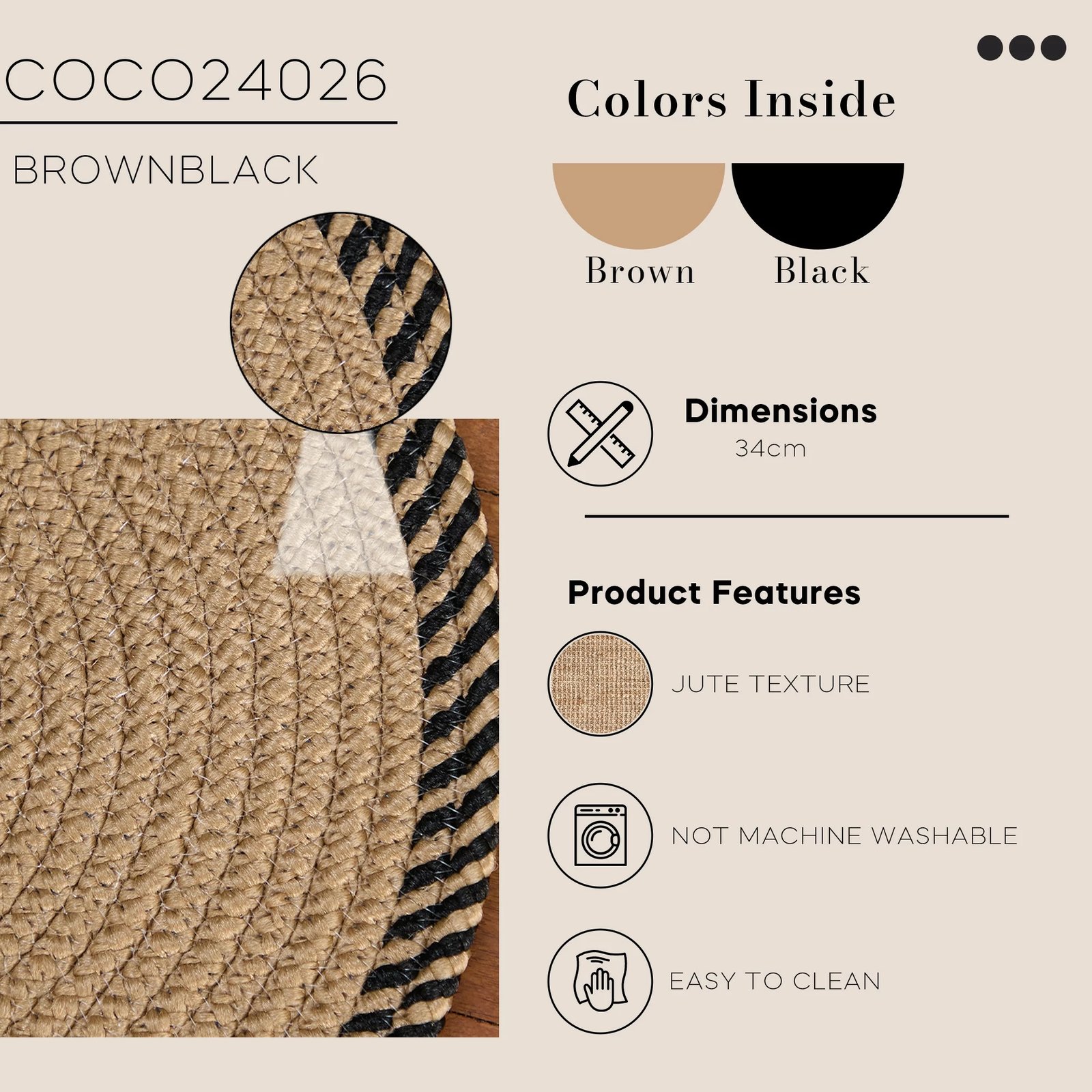 Runner jute, ngjyrë kafe, Coco24026, 34x34cm Runner jute, ngjyrë kafe, Coco24026, 34x34cm