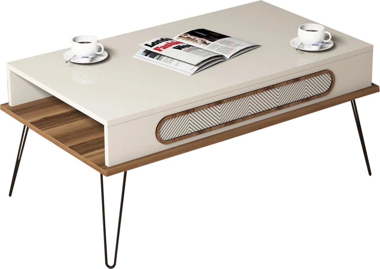 Tavolinë kafeje melamine, ngjyrë krem, këmbë metalike, FH9500.03, 105x56x45.8H cm