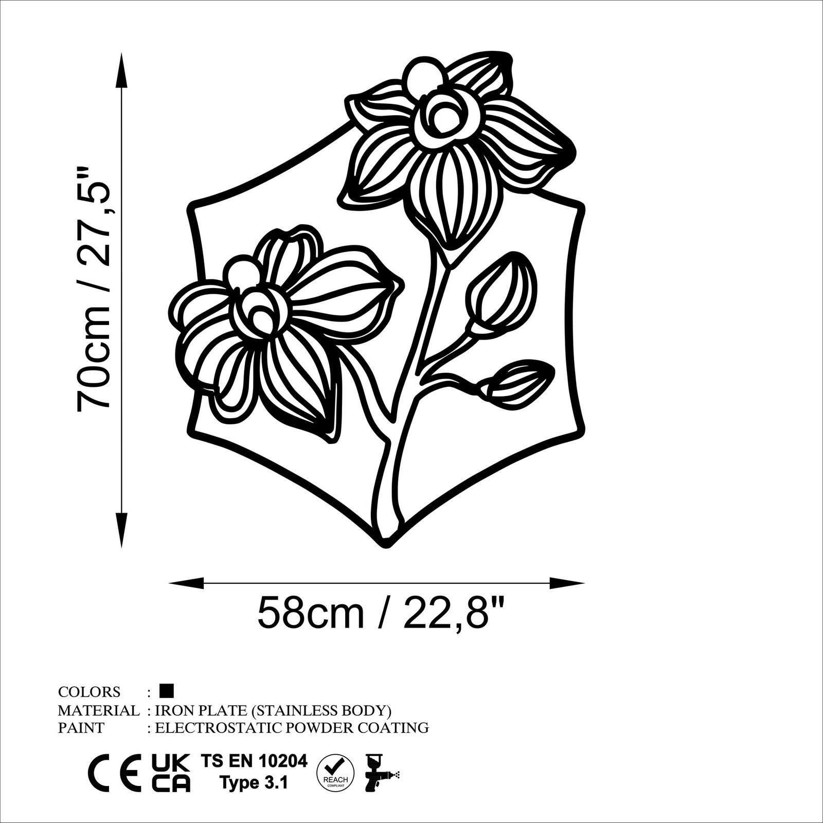 Aksesor dekorativ metalik për mur Wallity, orkide, i zi, 70x58cm