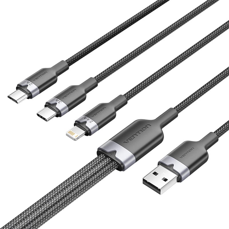 Kabllo 3-në-1 Vention CTPBG, USB 2.0, 1.5m, USB-C/Lightning/Micro-B, e zezë