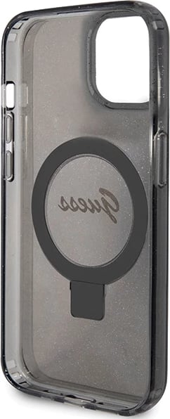 Mbështjellës Guess Ring Stand Script Glitter MagSafe për iPhone 15, i zi