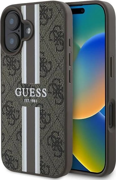 Mbështjellës Guess 4G Printed Stripes MagSafe për iPhone 16 Plus, Kafe