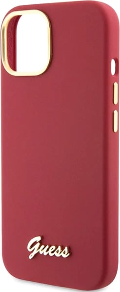 Mbështjellës Guess Silicone Script Metal Logo & Frame për iPhone 15, Kuq
