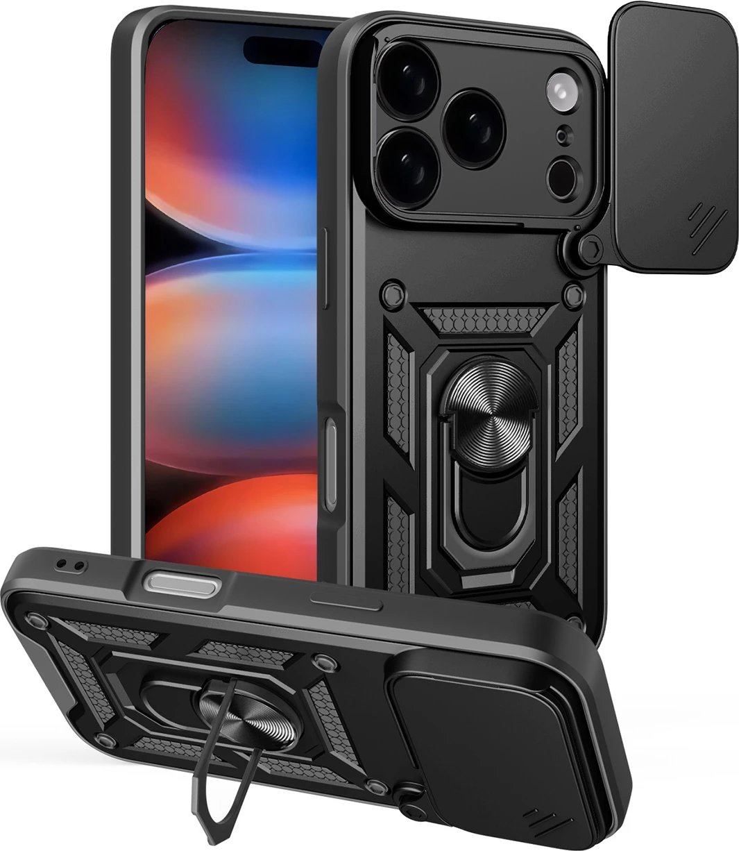 Mbështjellës Hurtel Hybrid Armor Camshield për iPhone 17 Pro Max, me mbajtëse dhe mbulesë kamere, i zi