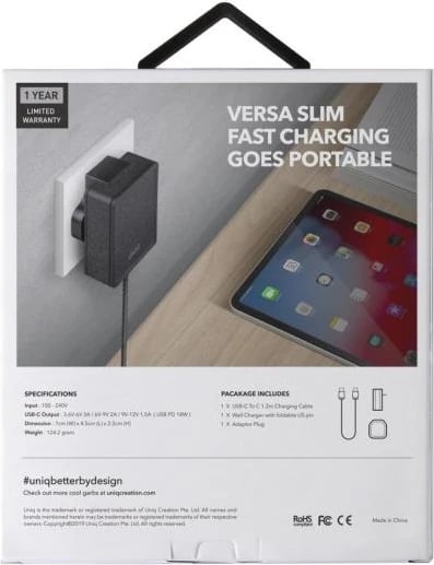Karikues muri UNIQ Versa Slim LITHOS Collective me USB-C PD 18W dhe kabllo USB-C/USB-C 1.2m, Zi