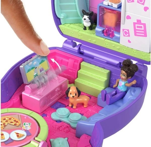 Set lodrash Polly Pocket Puppy Pajama Party, Mattel, JFG56/JCR38, me 1 kukull, 2 qenushë dhe 10 aksesorë, shumëngjyrësh