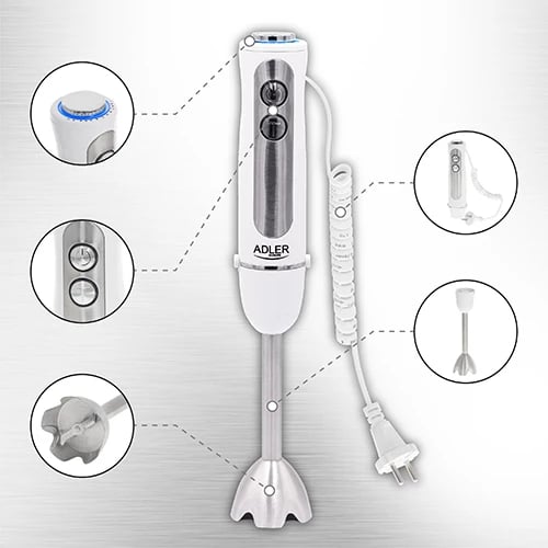 Blender dore, Adler AD 4625, 850W (1500W max), 5 shpejtësi + Turbo, kërcell çelik inox, kabllo 1.8m, e bardhë Blender dore, Adler AD 4625, 850W (1500W max), 5 shpejtësi + Turbo, kërcell çelik inox, kabllo 1.8m, e bardhë