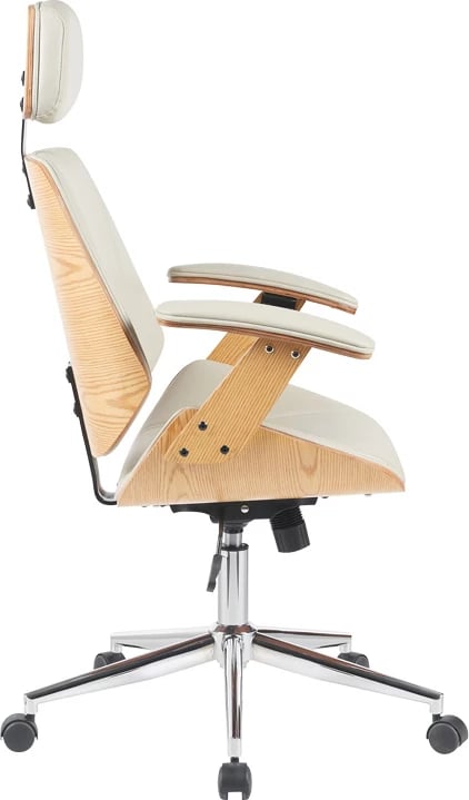 Karrige zyre regjisori Fetseno, lëkurë PU bezhë, bazë kromi, 53x56x113.5-123.5cm