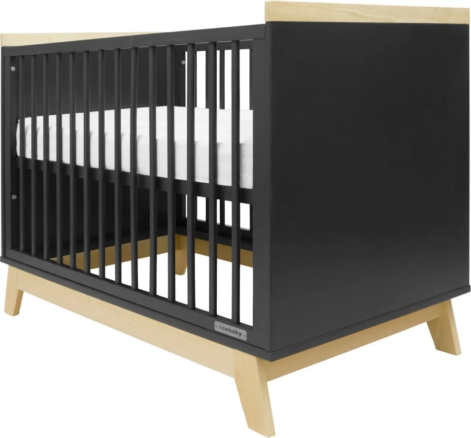 Krevat fëmijësh New Baby Marcus 120x60 cm me barrierë sigurie, bazë me grila 3 nivele, dru pishe/MDF, grafit/natyral