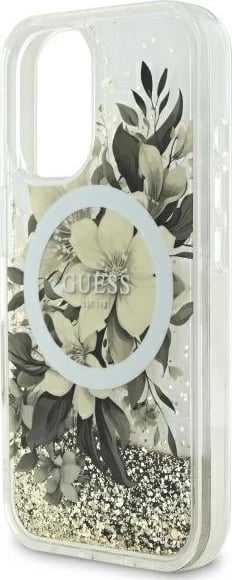 Mbështjellës Guess Liquid Glitter Flower MagSafe për iPhone 16, Bezhe
