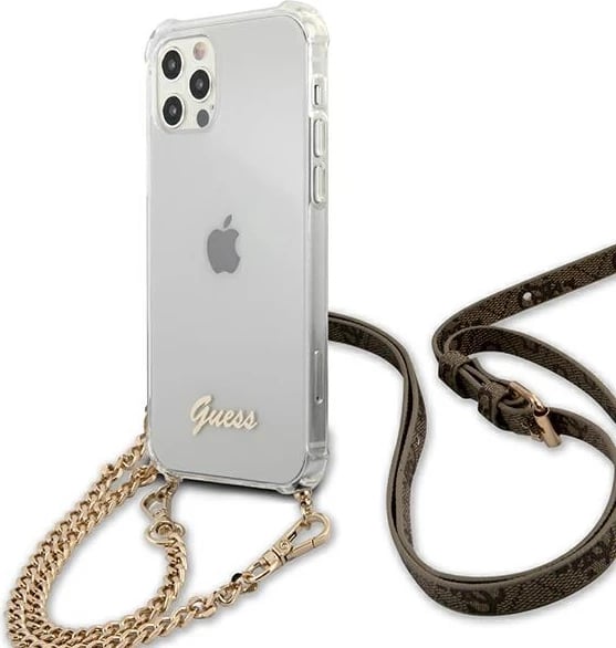 Mbështjellës Guess GUHCP12MKC4GSGO për iPhone 12/12 Pro 6.1", transparent me zinxhir të artë