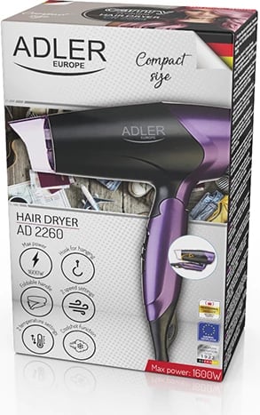 Tharëse flokësh, Adler AD 2260, 1600W, 2 temperatura 2 shpejtësi, dorezë palosëse, cool-shot, me koncentrator, e zezë e vjollcë