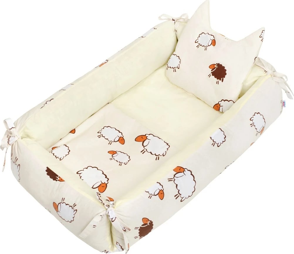 fole për bebe, New Baby, Sheep, 57x90 cm, pambuk 100%, i kthyeshëm, bezhë, set me jastëk e batanije
