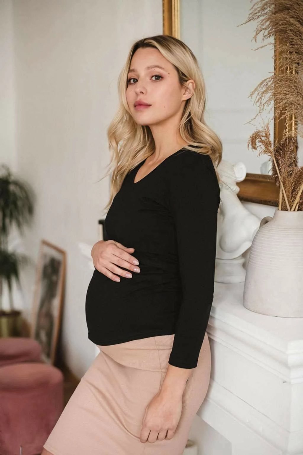 Bluzë shtatzënie dhe gjidhënie, milk & love, Milk Shirt, V-qafë, 7/8 mëngë, pambuk 92% me elastan 8%, madhësia XL, e zezë