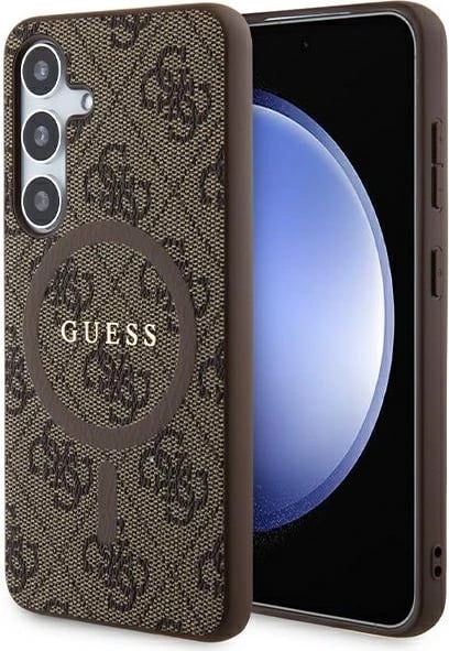 Mbështjellës Guess 4G Collection Leather Metal Logo MagSafe për Samsung Galaxy S24, Kafe