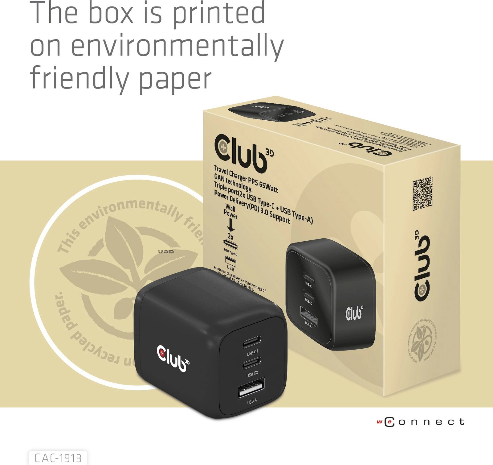 Karikues Club3D CAC-1913EU, 2xUSB Type-C, 1xUSB Type-A, PD 65W, GaN, i zi