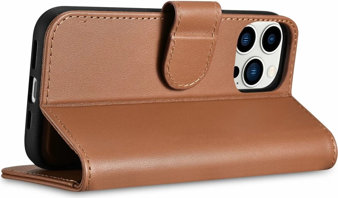 Mbështjellës iCarer Wallet Case 2in1 për iPhone 14 Pro, lëkurë natyrale, Anti-RFID, Kafe