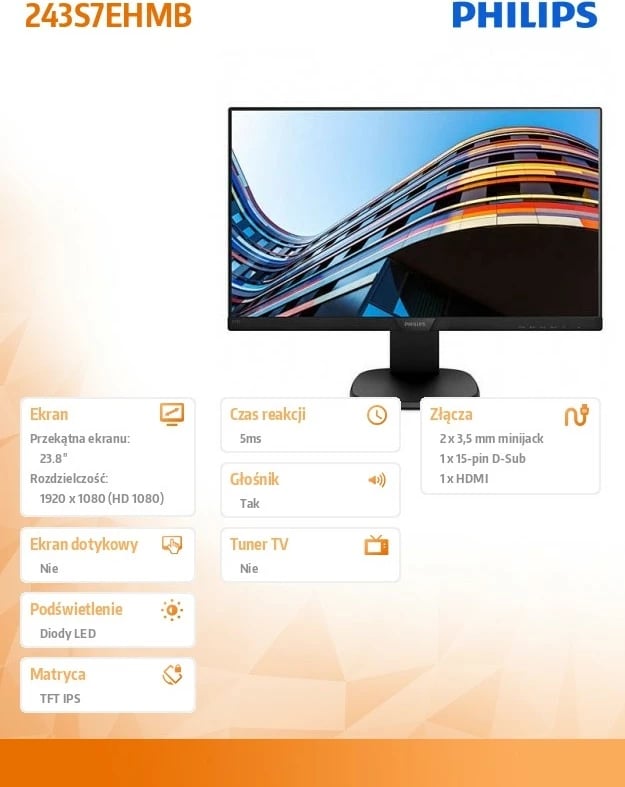 Monitor Philips 243S7EHMB, 23.8", IPS, Full HD, HDMI, Pivot, Altoparlantë, Zi