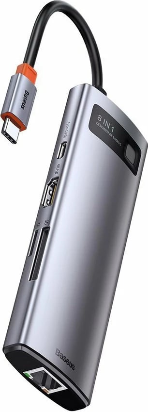 HUB Baseus Metal Gleam 8in1, USB-C, HDMI 4K, RJ45, 100W PD, Gri