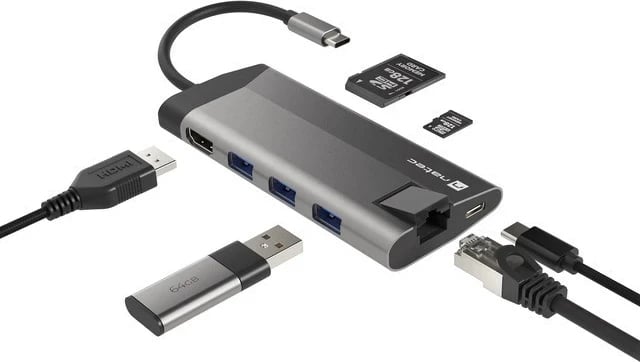 Adapter NATEC Multiport Fowler Plus USB-C, HDMI 4K, RJ45, Gri e Errët