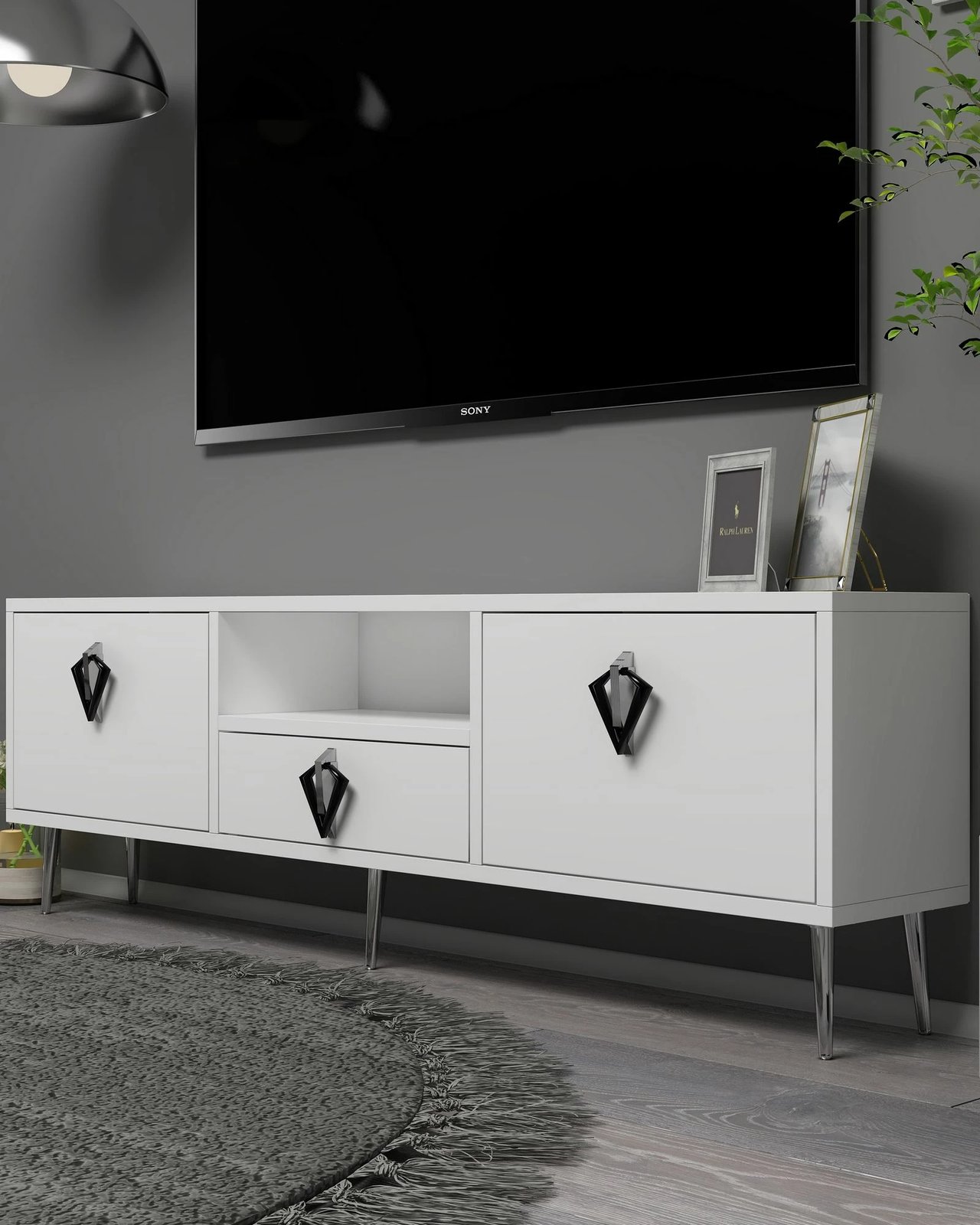 Komodë TV Skye Decor, 1312-DROP-32, e bardhë, e zezë, argjend