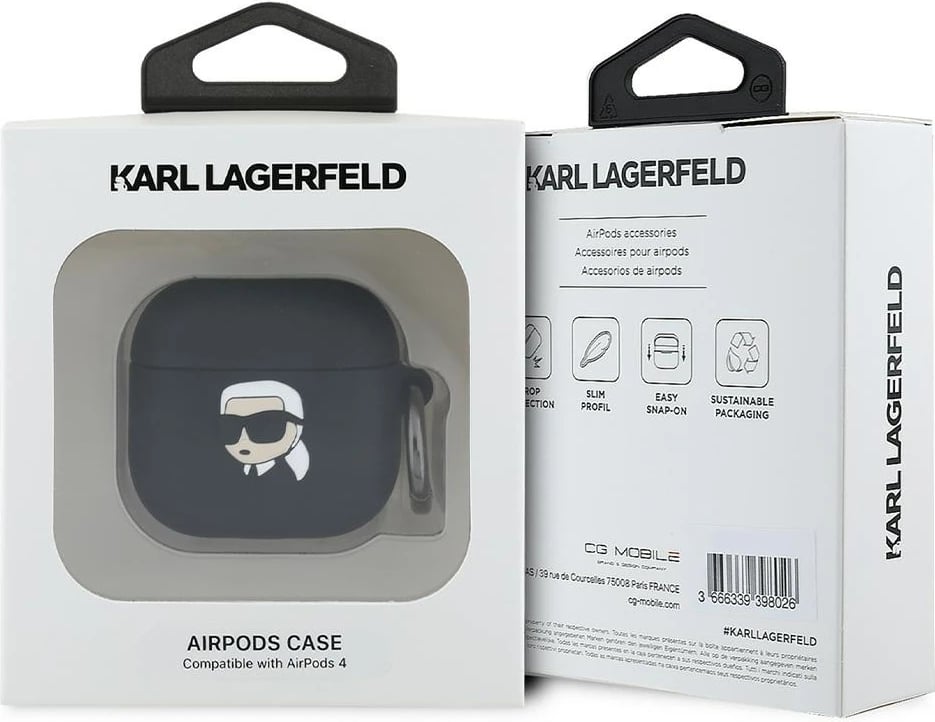 Mbështjellës Karl Lagerfeld për AirPods 4, Silicone Karl Head 3D, i zi