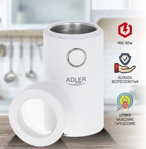 Mulli kafeje Adler AD 4446, 150 W, kapacitet 75 g, kapak transparent me bllokim sigurie, e bardhë/argjendtë Mulli kafeje Adler AD 4446, 150 W, kapacitet 75 g, kapak transparent me bllokim sigurie, e bardhë/argjendtë