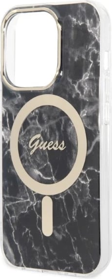 Set mbështjellës Guess Marble Collection me karikues wireless MagSafe për iPhone 14 Pro Max, 6.7", zi/artë