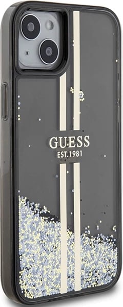 Mbështjellës Guess Liquid Glitter Gold Stripes për iPhone 15 Plus / 14 Plus, e zezë