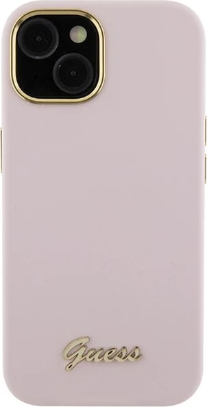 Mbështjellës Guess Silicone Script Metal Logo & Frame për iPhone 15, Rozë