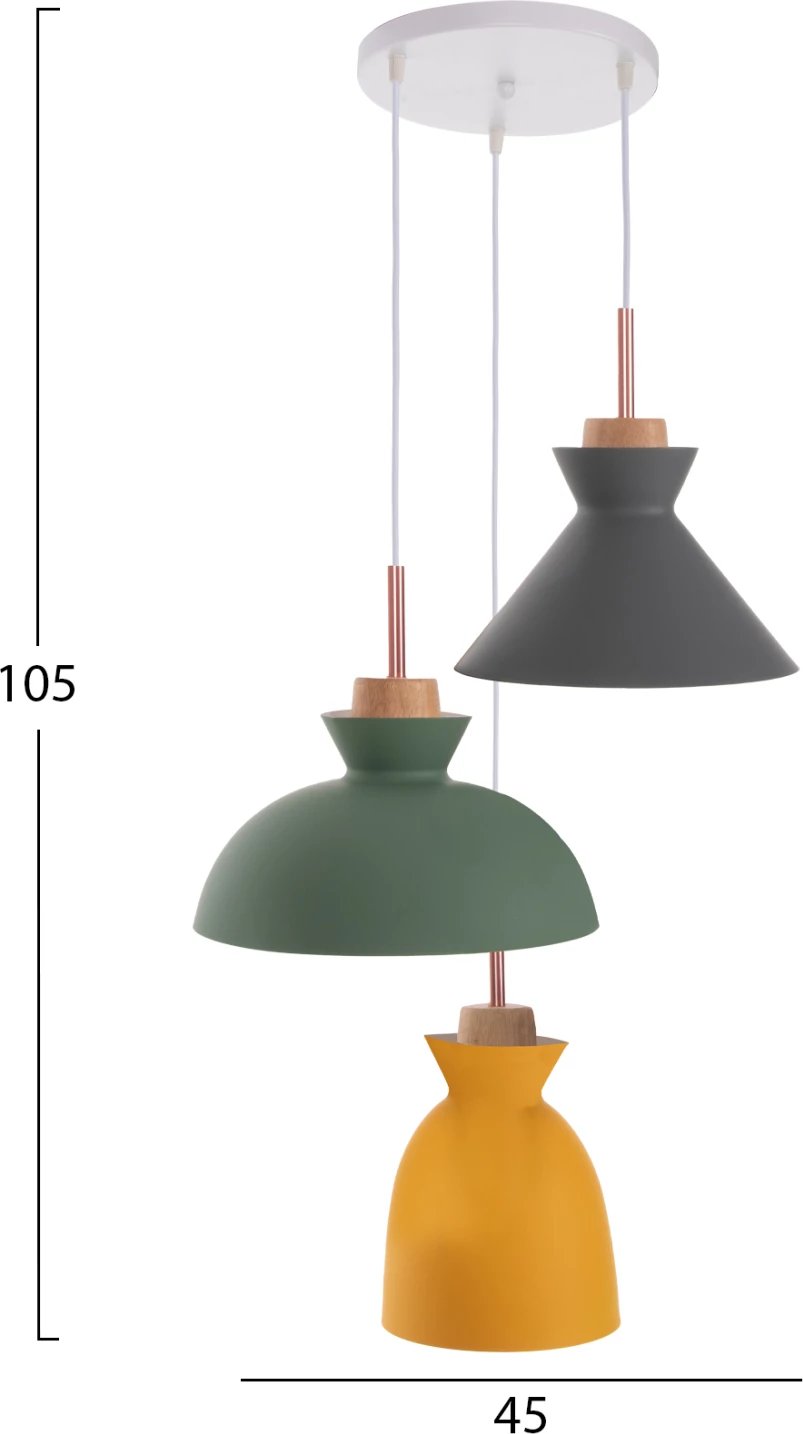 Llambë tavanore varëse FH4141, 3 drita, metal-dru, 3 ngjyra, 105H cm
